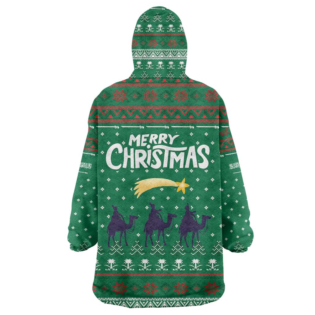 Saudi Arabia Christmas Wearable Blanket Hoodie with Green Pattern, Traditional Script Motif, and Camel Caravan Silhouette - Wonder Print Shop