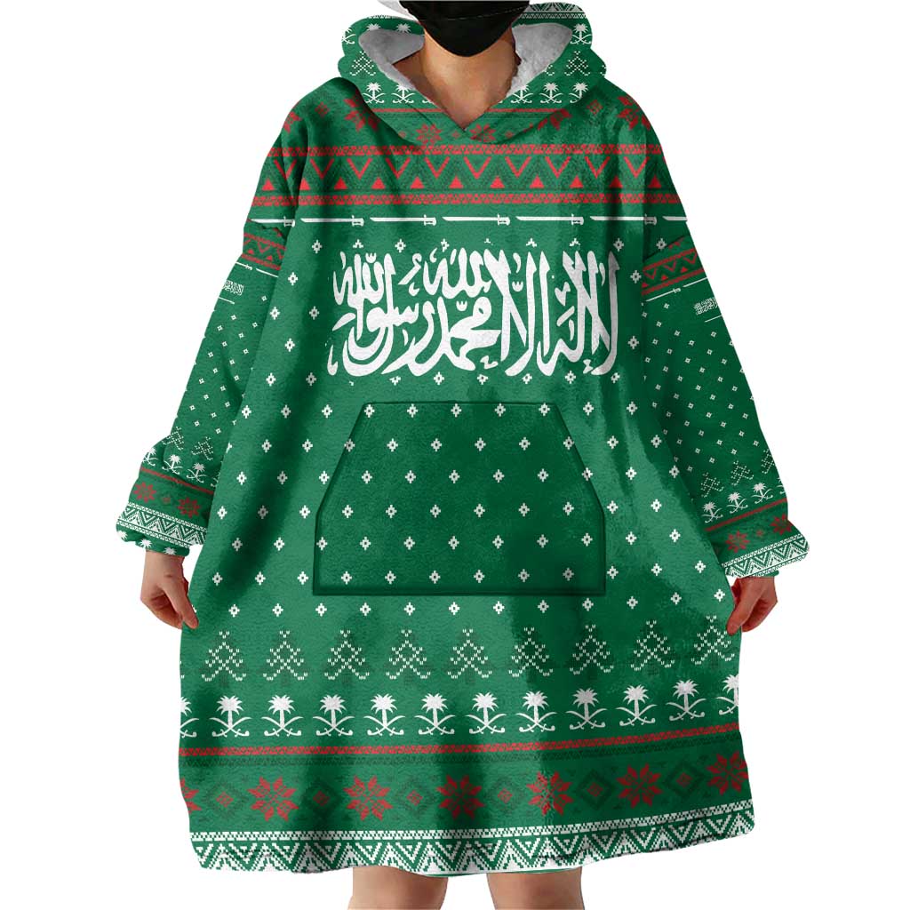 Saudi Arabia Christmas Wearable Blanket Hoodie with Green Pattern, Traditional Script Motif, and Camel Caravan Silhouette - Wonder Print Shop