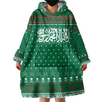 Saudi Arabia Christmas Wearable Blanket Hoodie with Green Pattern, Traditional Script Motif, and Camel Caravan Silhouette - Wonder Print Shop