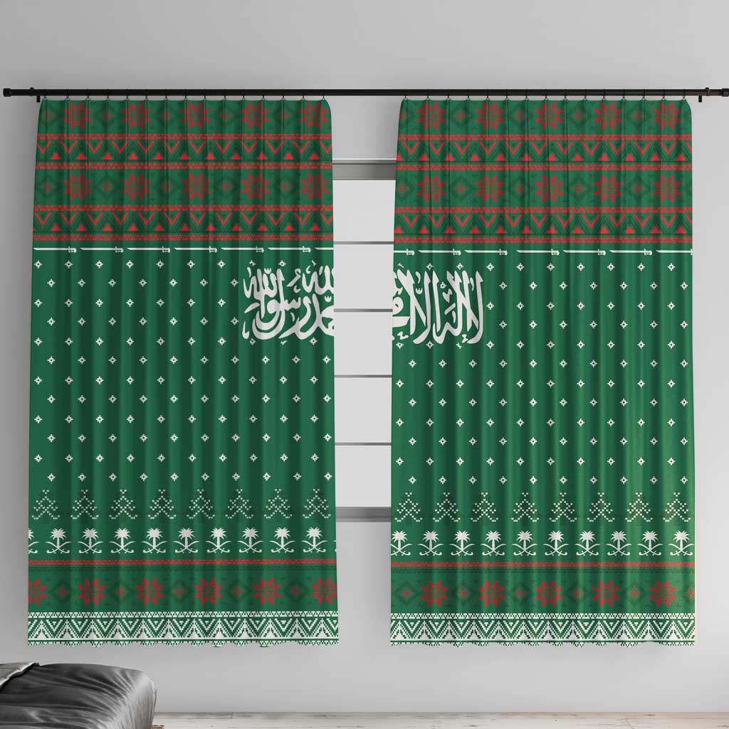 Saudi Arabia Christmas Window Curtain with Green Pattern, Traditional Script Motif, and Camel Caravan Silhouette - Wonder Print Shop