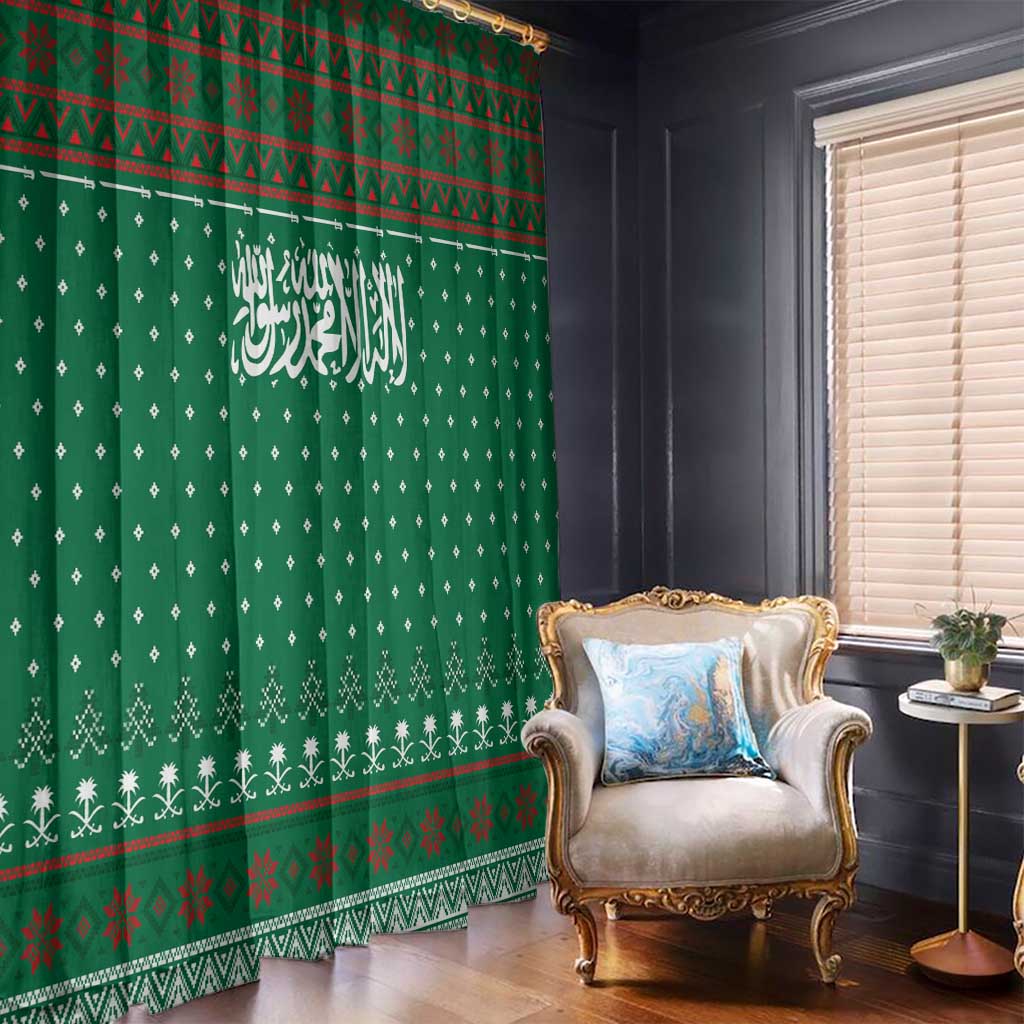 Saudi Arabia Christmas Window Curtain with Green Pattern, Traditional Script Motif, and Camel Caravan Silhouette - Wonder Print Shop
