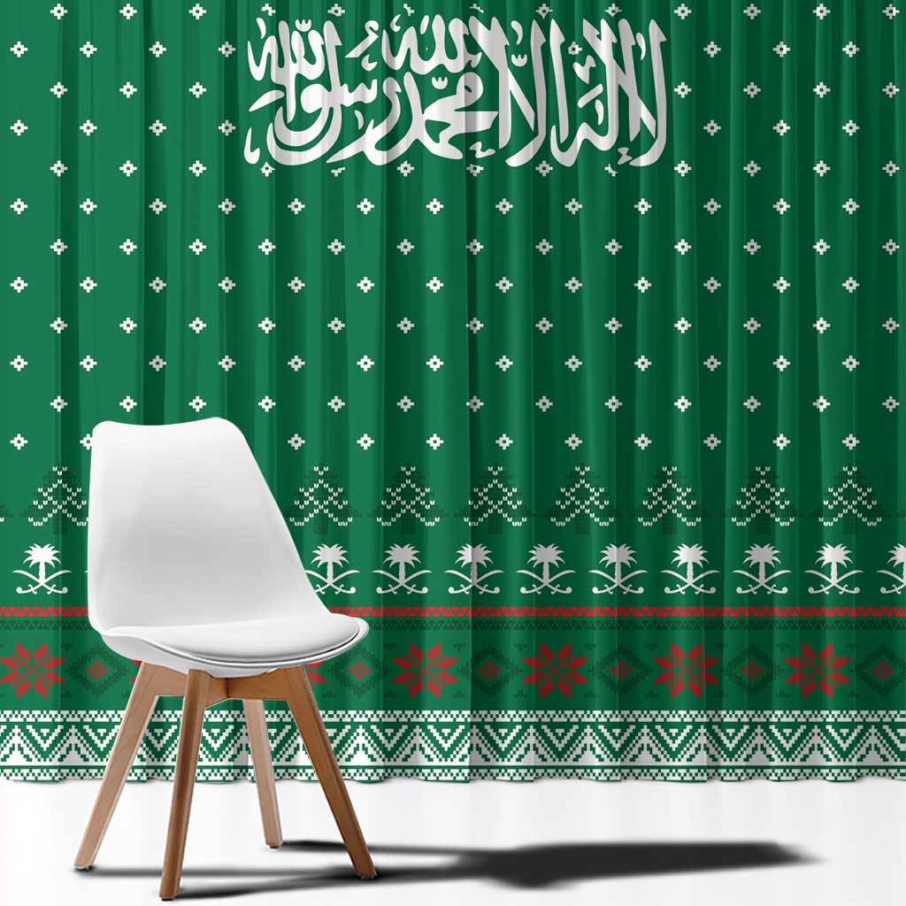 Saudi Arabia Christmas Window Curtain with Green Pattern, Traditional Script Motif, and Camel Caravan Silhouette - Wonder Print Shop