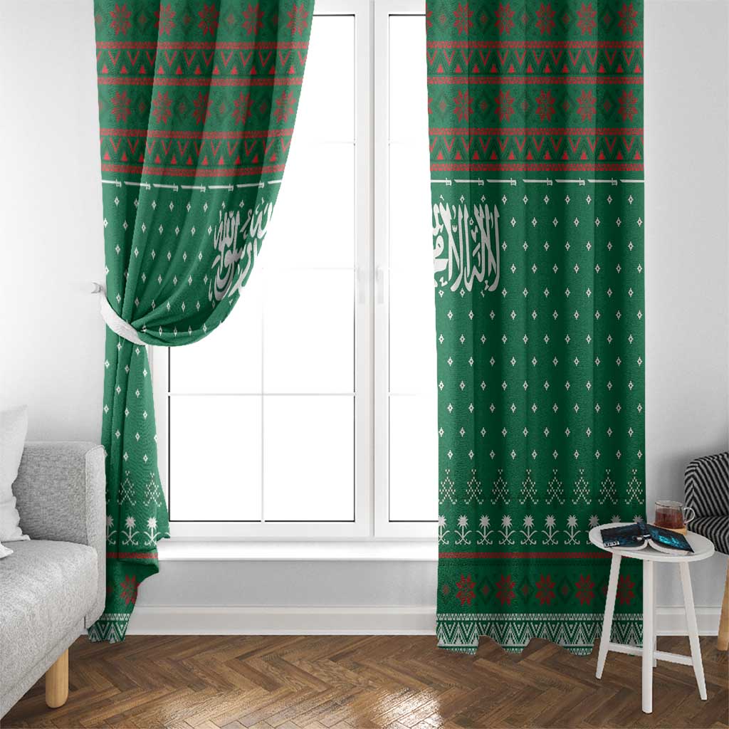 Saudi Arabia Christmas Window Curtain with Green Pattern, Traditional Script Motif, and Camel Caravan Silhouette - Wonder Print Shop