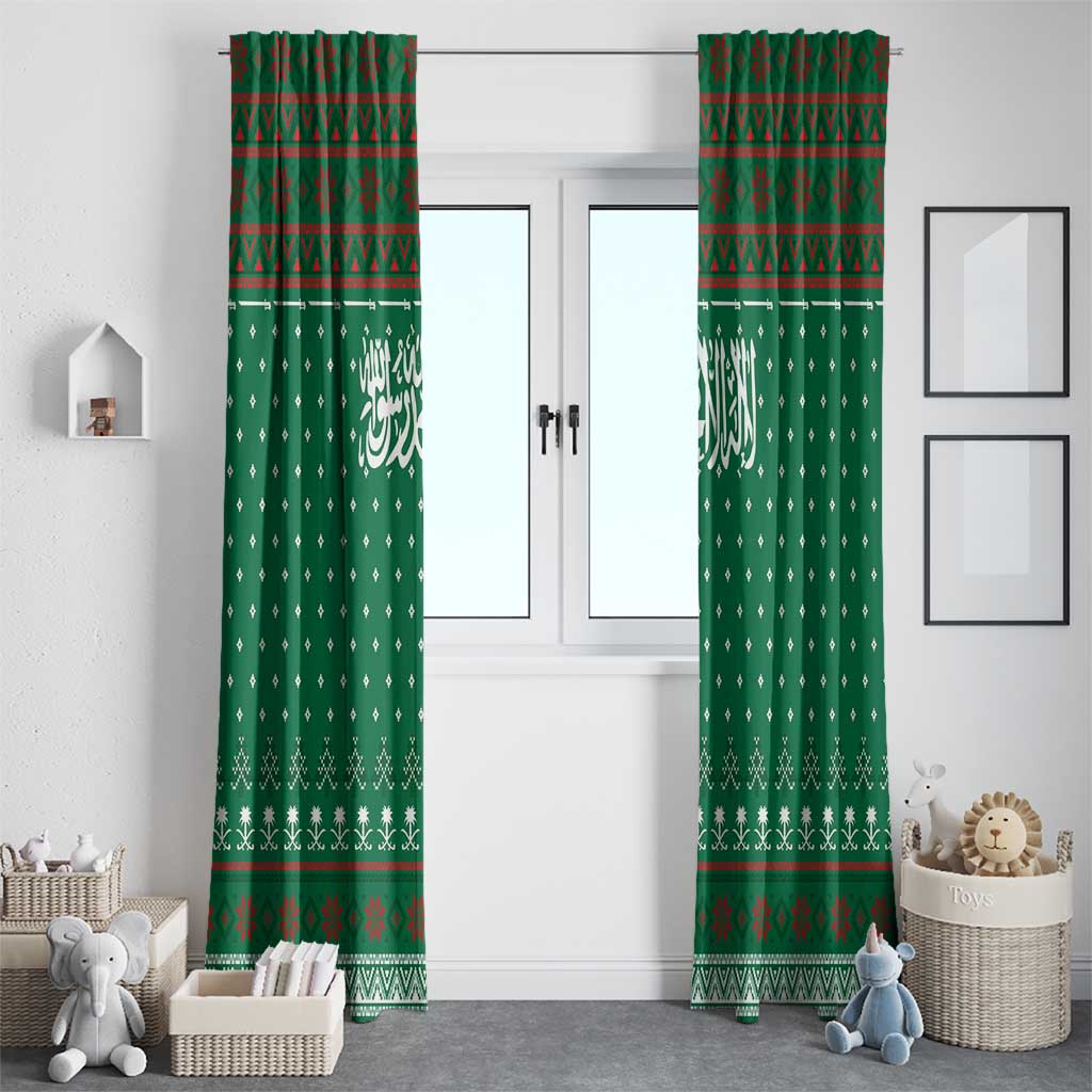Saudi Arabia Christmas Window Curtain with Green Pattern, Traditional Script Motif, and Camel Caravan Silhouette - Wonder Print Shop