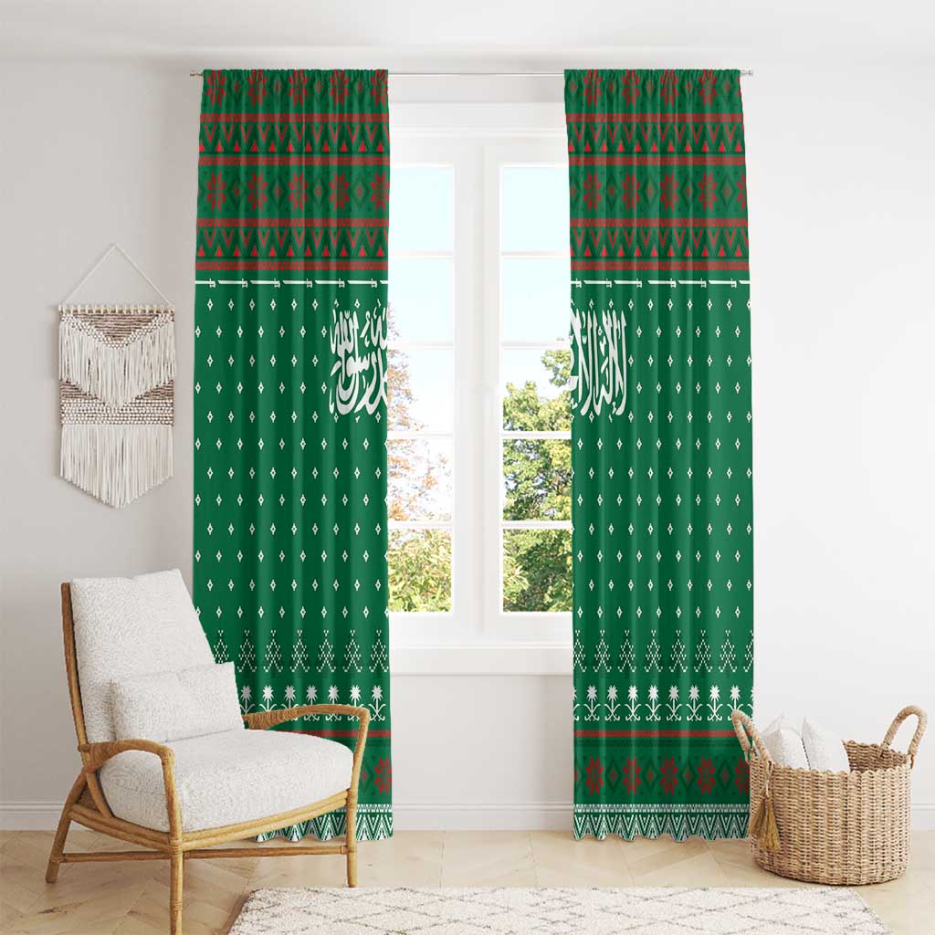 Saudi Arabia Christmas Window Curtain with Green Pattern, Traditional Script Motif, and Camel Caravan Silhouette - Wonder Print Shop