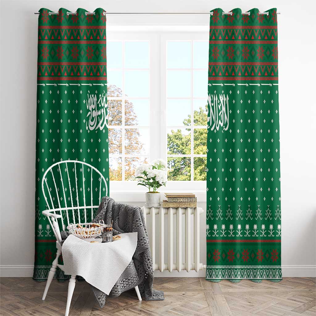 Saudi Arabia Christmas Window Curtain with Green Pattern, Traditional Script Motif, and Camel Caravan Silhouette - Wonder Print Shop