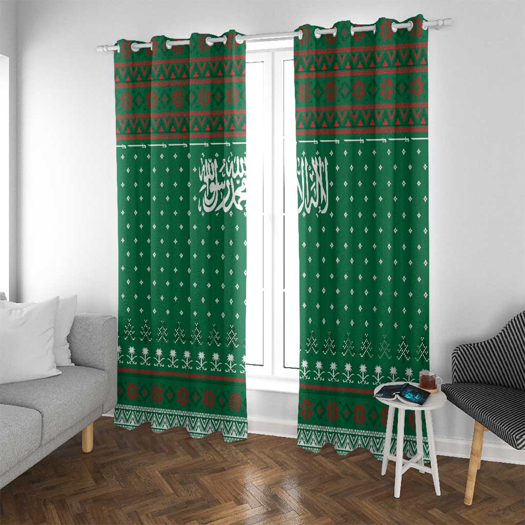 Saudi Arabia Christmas Window Curtain with Green Pattern, Traditional Script Motif, and Camel Caravan Silhouette - Wonder Print Shop