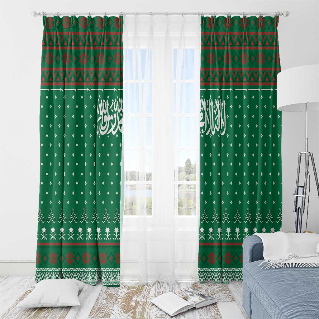 Saudi Arabia Christmas Window Curtain with Green Pattern, Traditional Script Motif, and Camel Caravan Silhouette - Wonder Print Shop