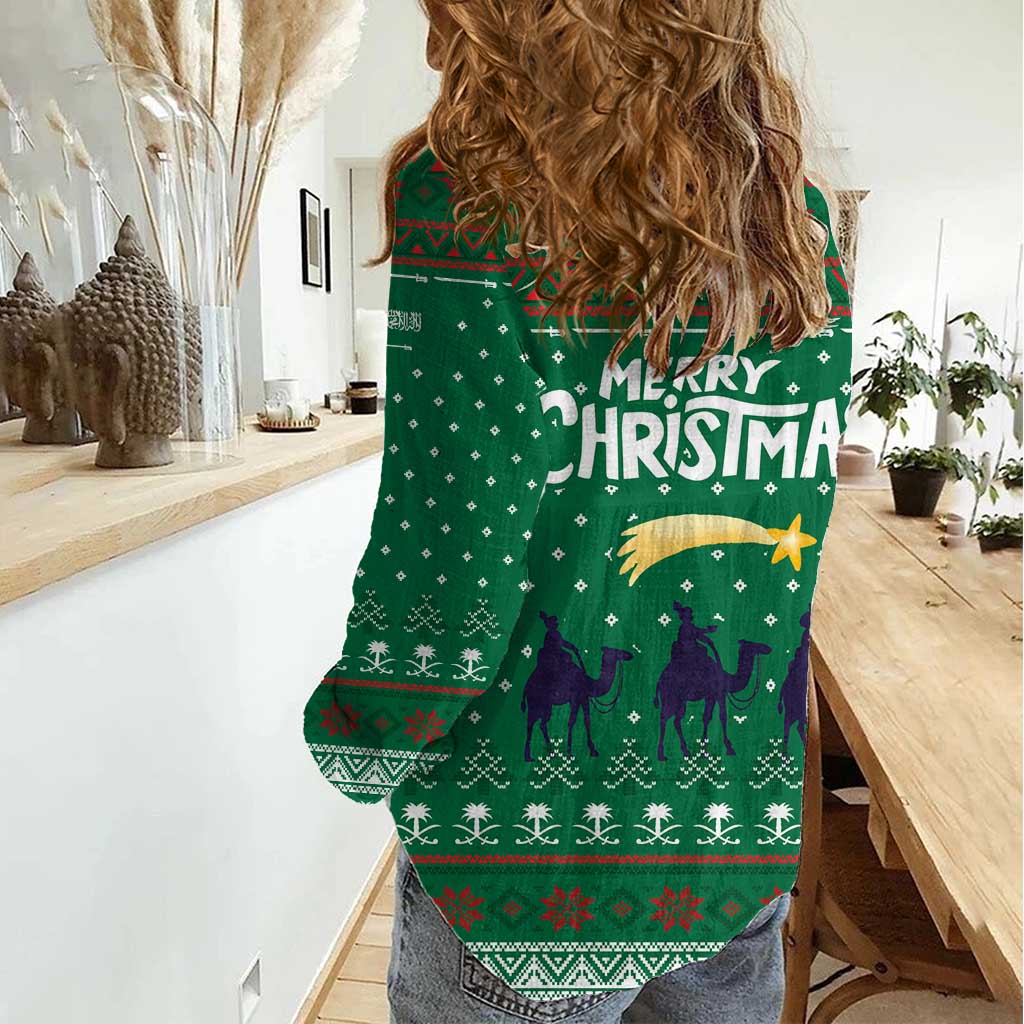 Saudi Arabia Christmas Women Casual Shirt with Green Pattern, Traditional Script Motif, and Camel Caravan Silhouette - Wonder Print Shop