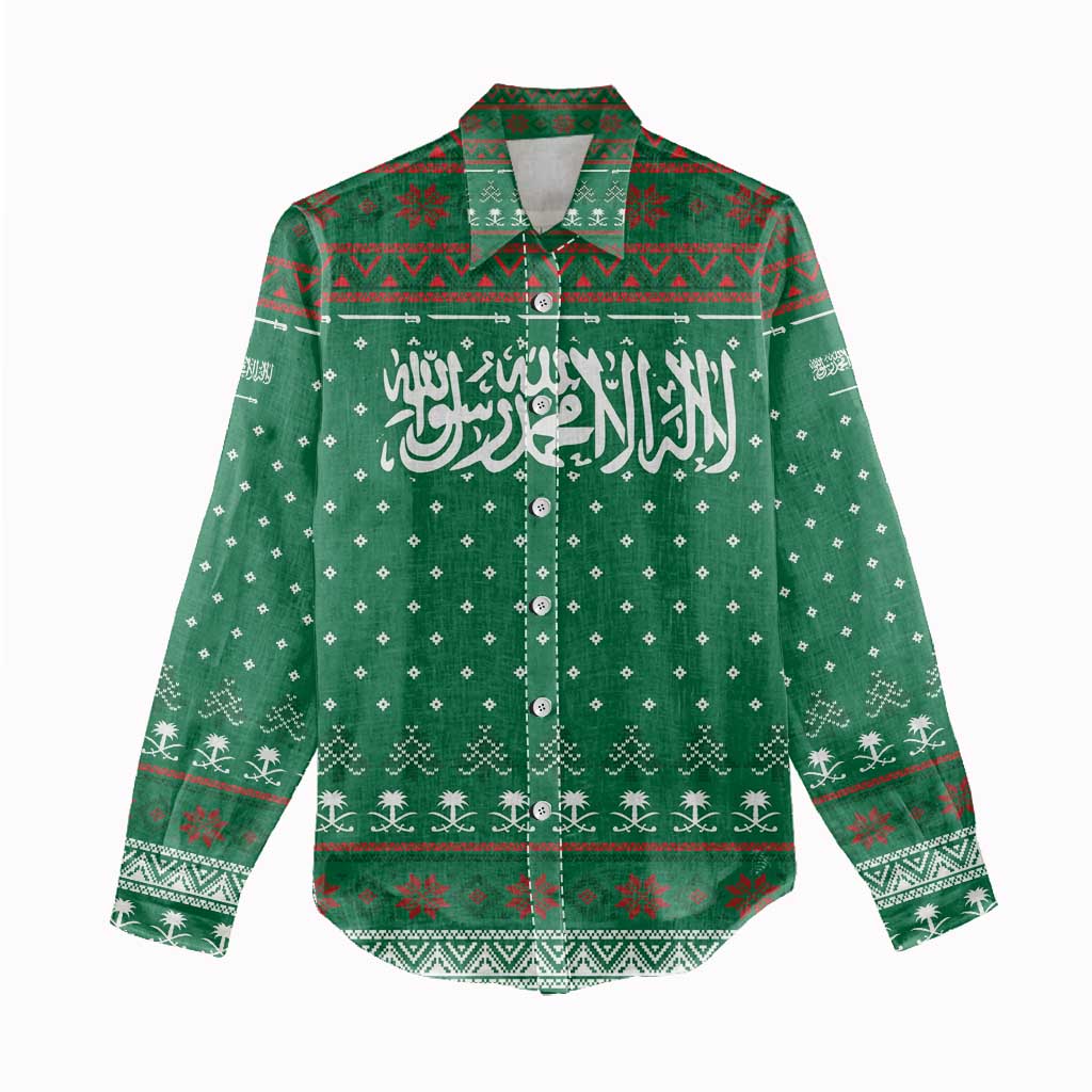Saudi Arabia Christmas Women Casual Shirt with Green Pattern, Traditional Script Motif, and Camel Caravan Silhouette - Wonder Print Shop