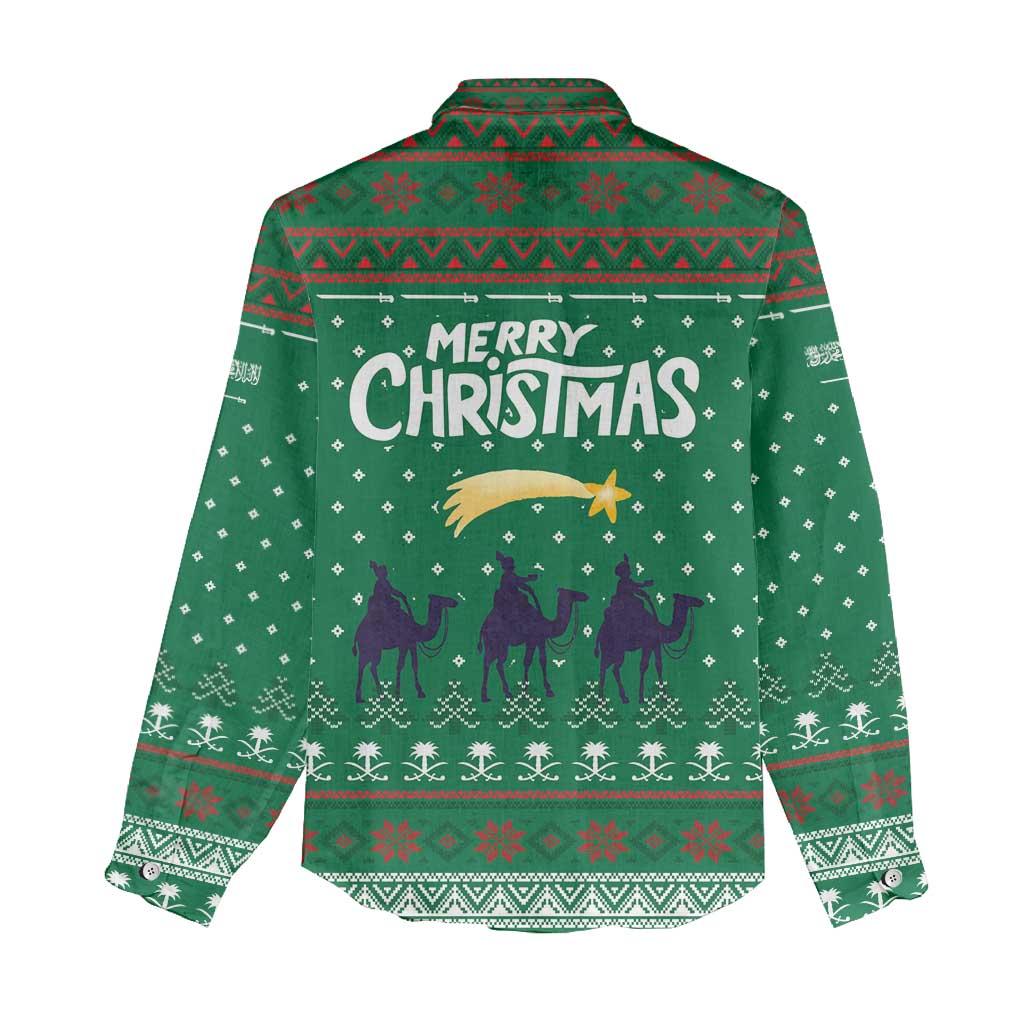 Saudi Arabia Christmas Women Casual Shirt with Green Pattern, Traditional Script Motif, and Camel Caravan Silhouette - Wonder Print Shop
