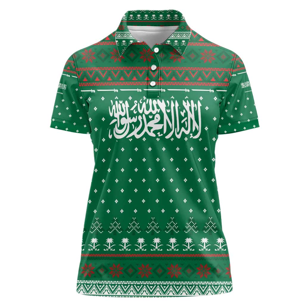 Saudi Arabia Christmas Women Polo Shirt with Green Pattern, Traditional Script Motif, and Camel Caravan Silhouette - Wonder Print Shop