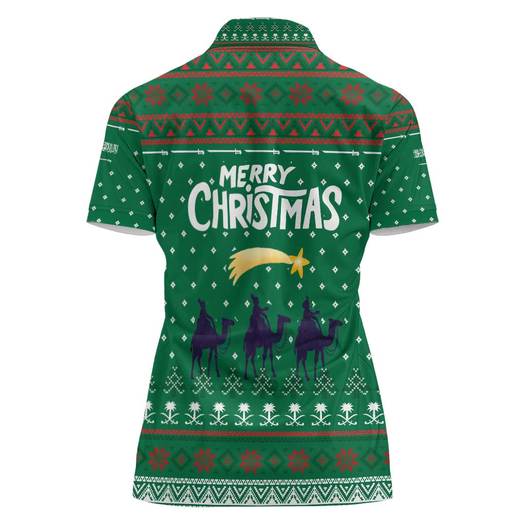 Saudi Arabia Christmas Women Polo Shirt with Green Pattern, Traditional Script Motif, and Camel Caravan Silhouette - Wonder Print Shop