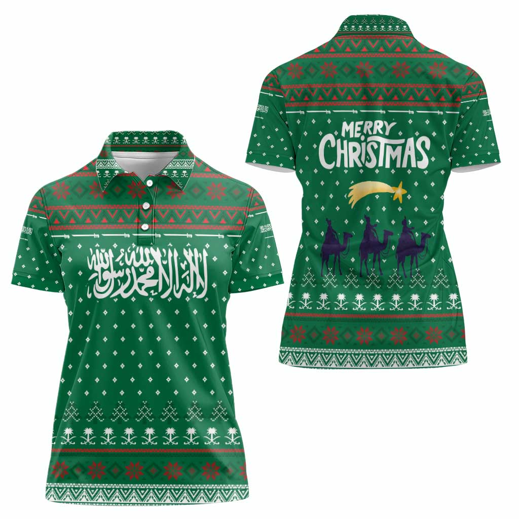 Saudi Arabia Christmas Women Polo Shirt with Green Pattern, Traditional Script Motif, and Camel Caravan Silhouette - Wonder Print Shop