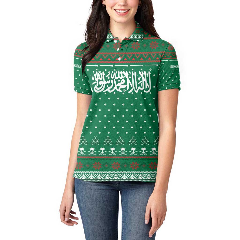 Saudi Arabia Christmas Women Polo Shirt with Green Pattern, Traditional Script Motif, and Camel Caravan Silhouette - Wonder Print Shop
