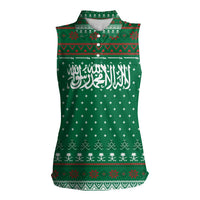 Saudi Arabia Christmas Women Sleeveless Polo Shirt with Green Pattern, Traditional Script Motif, and Camel Caravan Silhouette - Wonder Print Shop