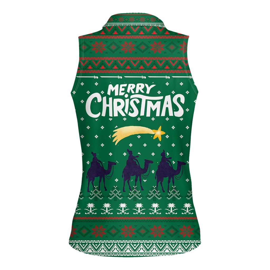 Saudi Arabia Christmas Women Sleeveless Polo Shirt with Green Pattern, Traditional Script Motif, and Camel Caravan Silhouette - Wonder Print Shop