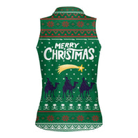 Saudi Arabia Christmas Women Sleeveless Polo Shirt with Green Pattern, Traditional Script Motif, and Camel Caravan Silhouette - Wonder Print Shop