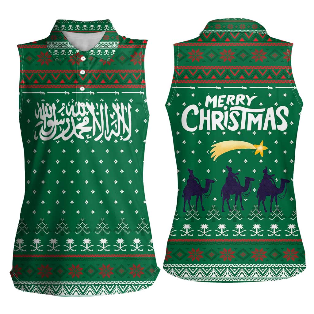 Saudi Arabia Christmas Women Sleeveless Polo Shirt with Green Pattern, Traditional Script Motif, and Camel Caravan Silhouette - Wonder Print Shop