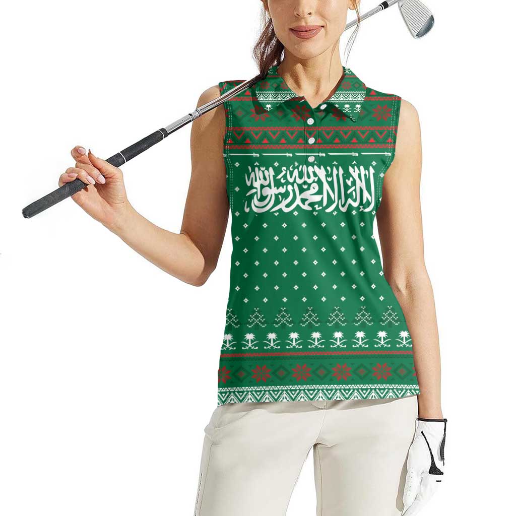 Saudi Arabia Christmas Women Sleeveless Polo Shirt with Green Pattern, Traditional Script Motif, and Camel Caravan Silhouette - Wonder Print Shop
