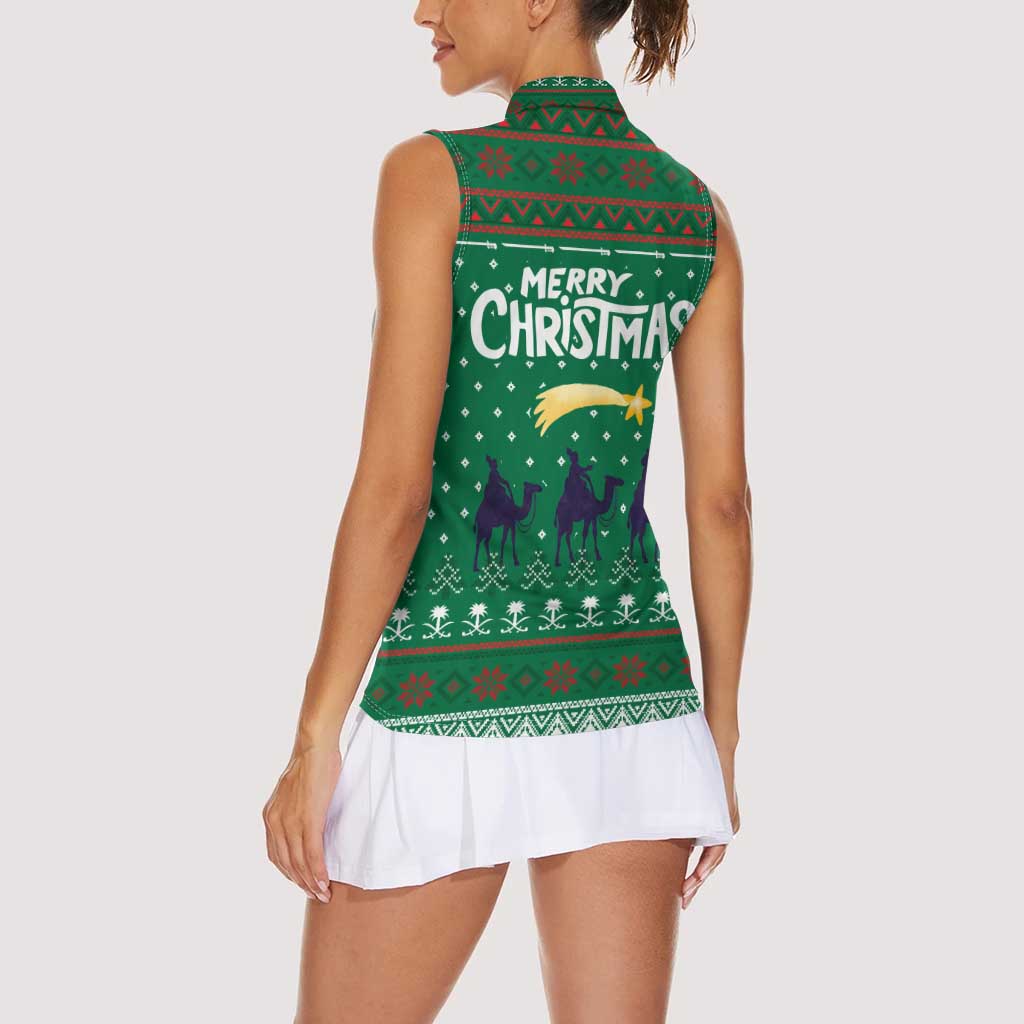 Saudi Arabia Christmas Women Sleeveless Polo Shirt with Green Pattern, Traditional Script Motif, and Camel Caravan Silhouette - Wonder Print Shop