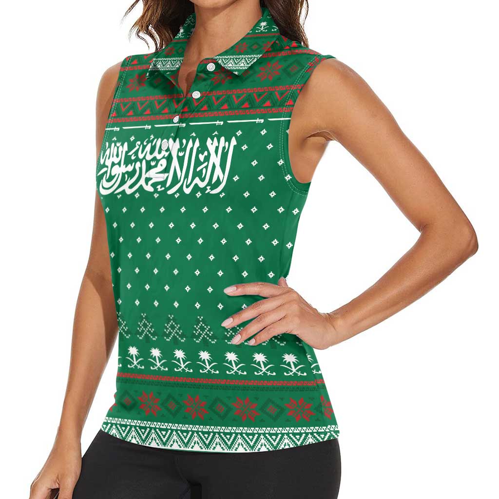 Saudi Arabia Christmas Women Sleeveless Polo Shirt with Green Pattern, Traditional Script Motif, and Camel Caravan Silhouette - Wonder Print Shop