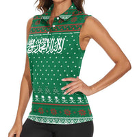 Saudi Arabia Christmas Women Sleeveless Polo Shirt with Green Pattern, Traditional Script Motif, and Camel Caravan Silhouette - Wonder Print Shop