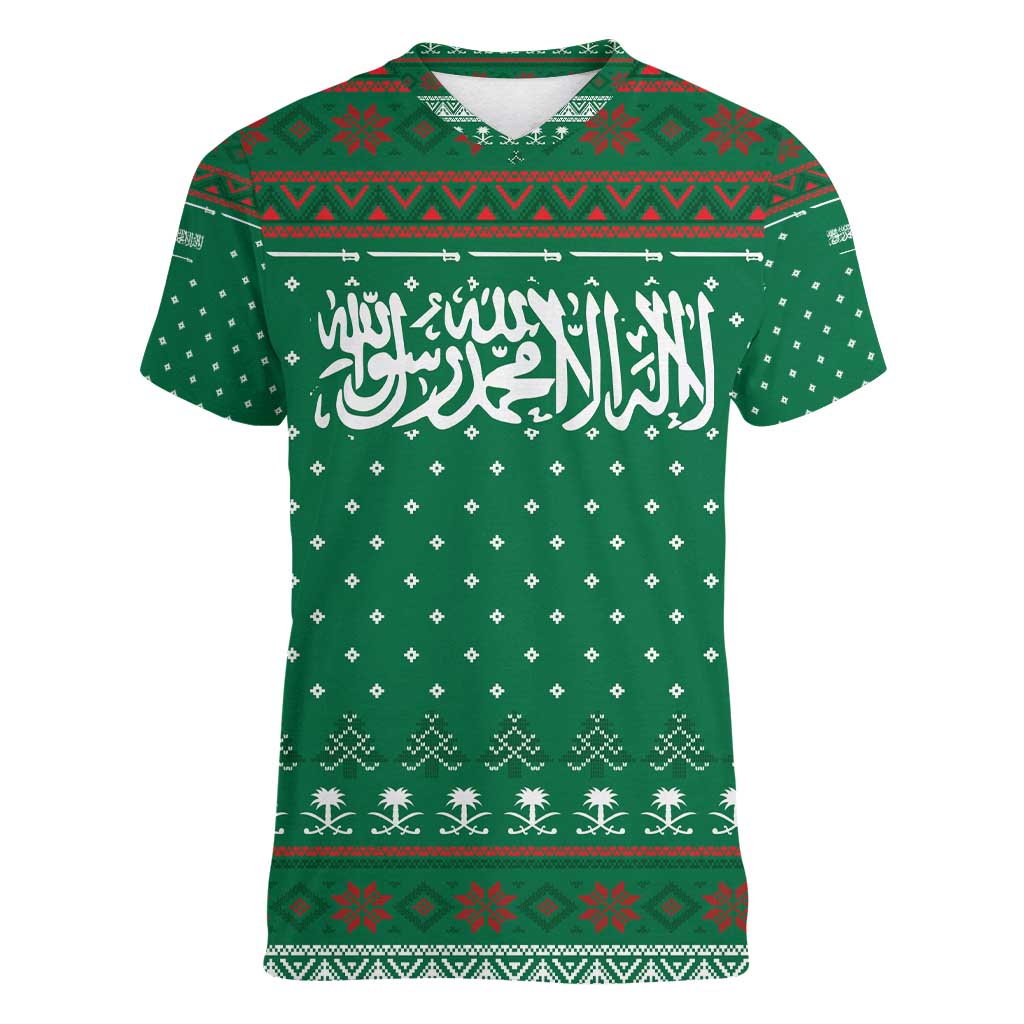 Saudi Arabia Christmas Women V-Neck T-Shirt with Green Pattern, Traditional Script Motif, and Camel Caravan Silhouette - Wonder Print Shop