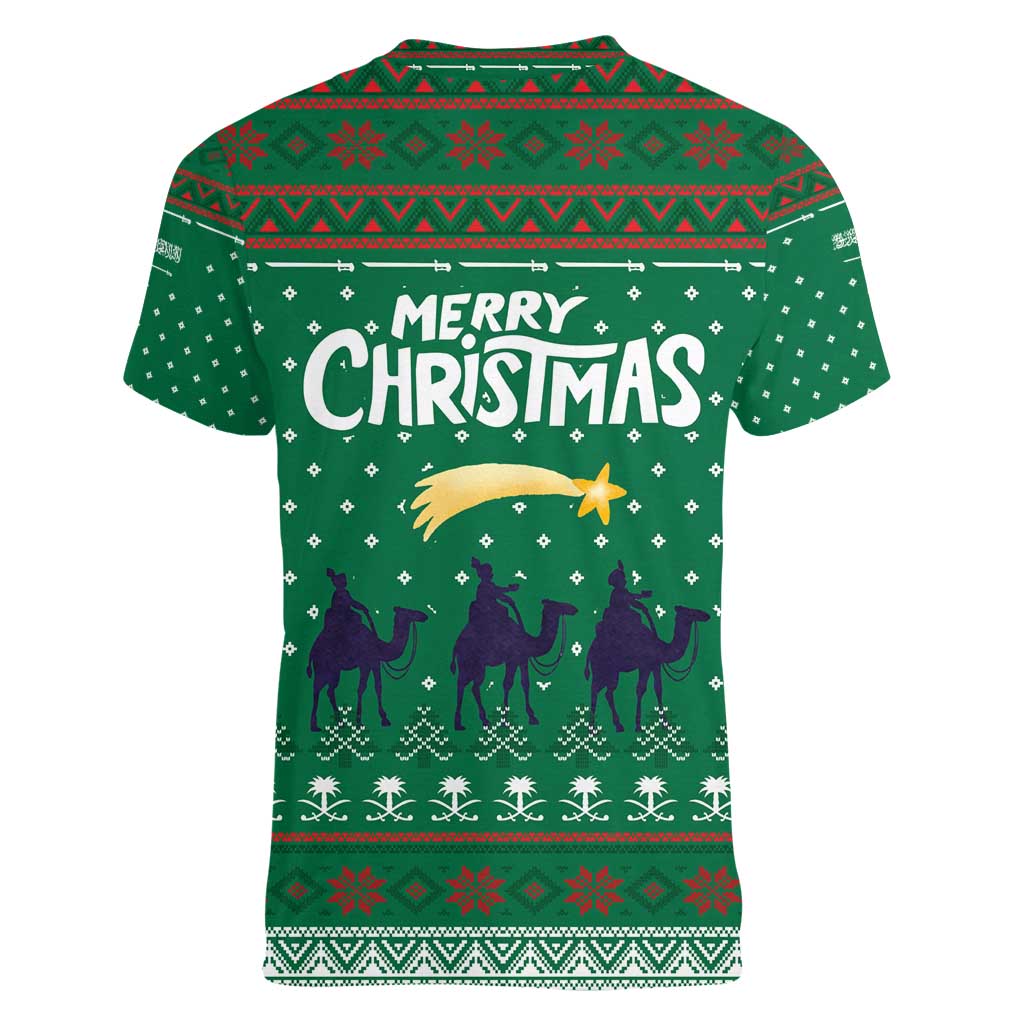 Saudi Arabia Christmas Women V-Neck T-Shirt with Green Pattern, Traditional Script Motif, and Camel Caravan Silhouette - Wonder Print Shop