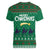 Saudi Arabia Christmas Women V-Neck T-Shirt with Green Pattern, Traditional Script Motif, and Camel Caravan Silhouette - Wonder Print Shop