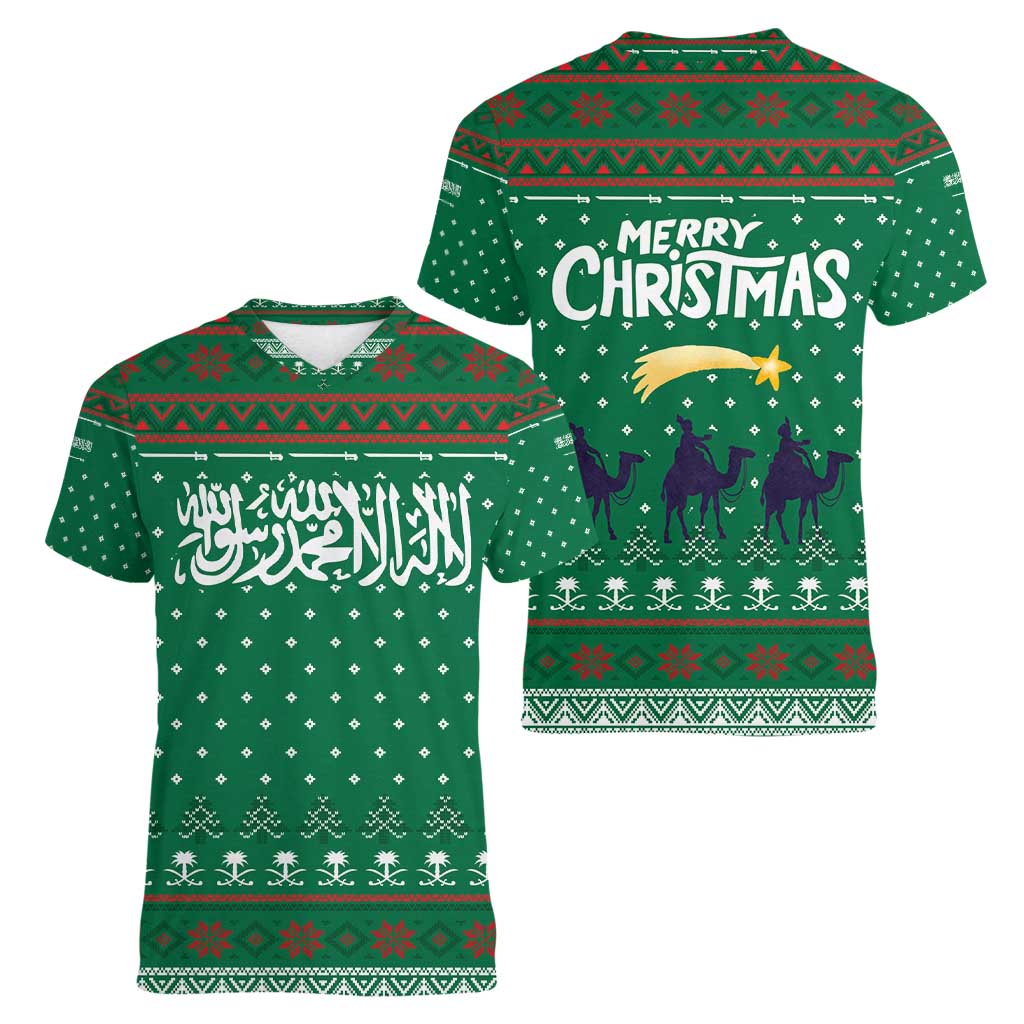Saudi Arabia Christmas Women V-Neck T-Shirt with Green Pattern, Traditional Script Motif, and Camel Caravan Silhouette - Wonder Print Shop