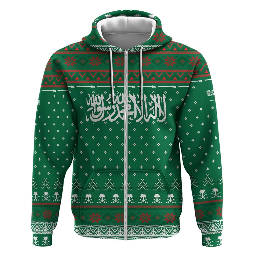 Saudi Arabia Christmas Zip Hoodie with Green Pattern, Traditional Script Motif, and Camel Caravan Silhouette - Wonder Print Shop
