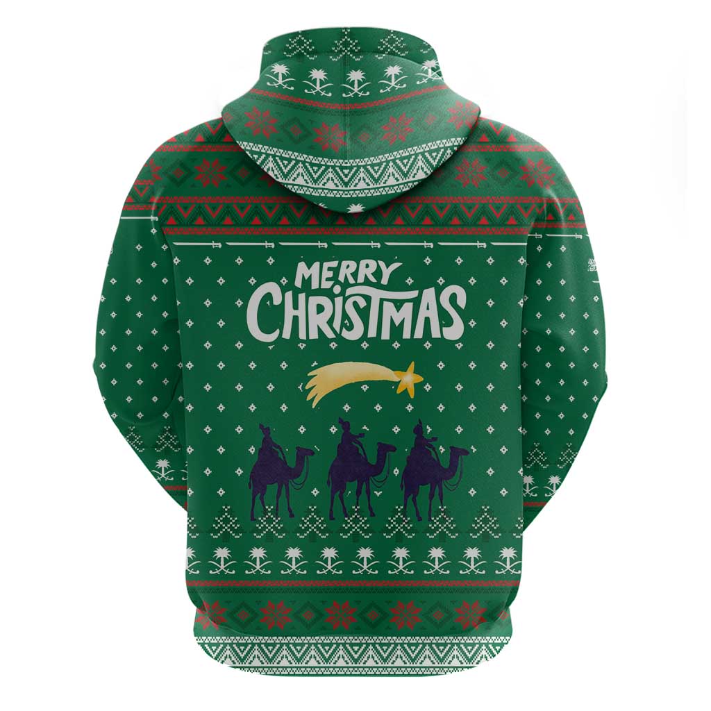 Saudi Arabia Christmas Zip Hoodie with Green Pattern, Traditional Script Motif, and Camel Caravan Silhouette - Wonder Print Shop
