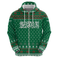 Saudi Arabia Christmas Zip Hoodie with Green Pattern, Traditional Script Motif, and Camel Caravan Silhouette - Wonder Print Shop