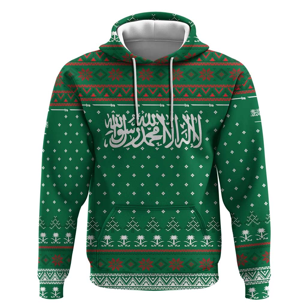 Saudi Arabia Christmas Zip Hoodie with Green Pattern, Traditional Script Motif, and Camel Caravan Silhouette - Wonder Print Shop