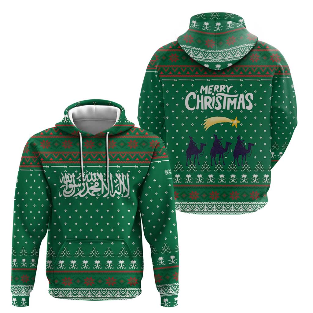Saudi Arabia Christmas Zip Hoodie with Green Pattern, Traditional Script Motif, and Camel Caravan Silhouette - Wonder Print Shop