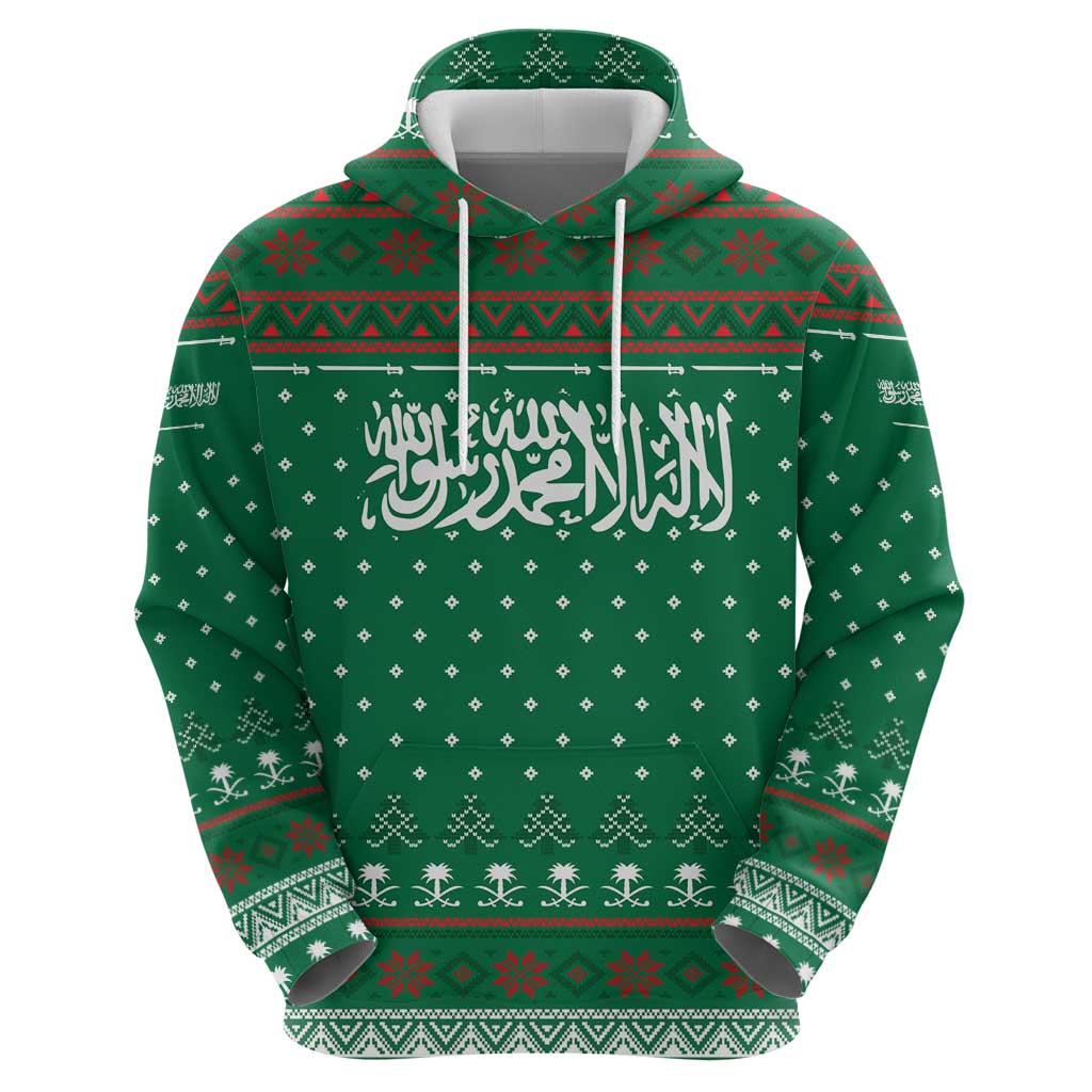 Saudi Arabia Christmas Zip Hoodie with Green Pattern, Traditional Script Motif, and Camel Caravan Silhouette - Wonder Print Shop