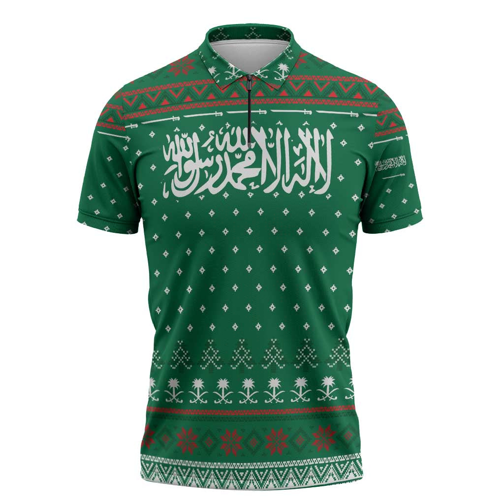 Saudi Arabia Christmas Zipper Polo Shirt with Green Pattern, Traditional Script Motif, and Camel Caravan Silhouette - Wonder Print Shop
