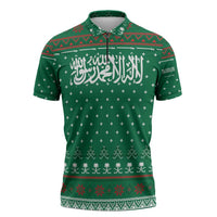 Saudi Arabia Christmas Zipper Polo Shirt with Green Pattern, Traditional Script Motif, and Camel Caravan Silhouette - Wonder Print Shop