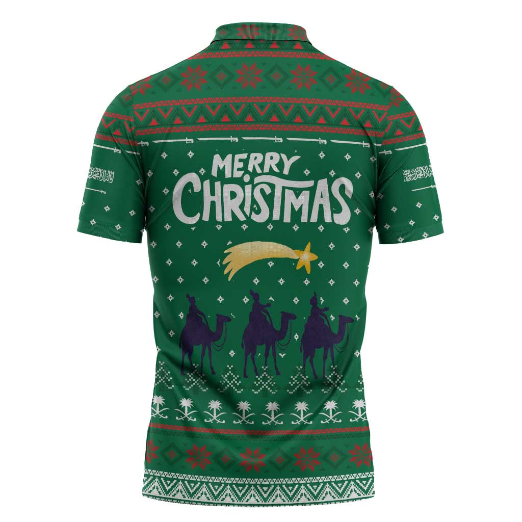 Saudi Arabia Christmas Zipper Polo Shirt with Green Pattern, Traditional Script Motif, and Camel Caravan Silhouette - Wonder Print Shop
