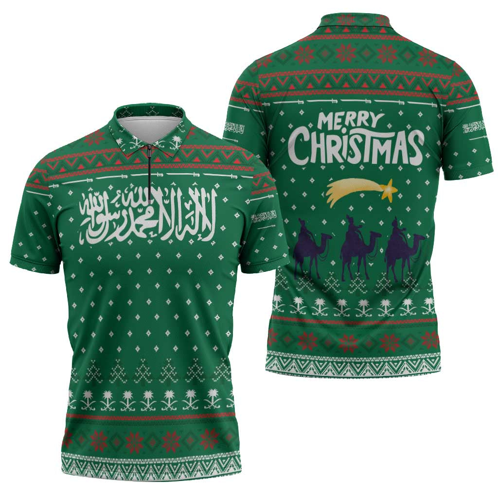 Saudi Arabia Christmas Zipper Polo Shirt with Green Pattern, Traditional Script Motif, and Camel Caravan Silhouette - Wonder Print Shop