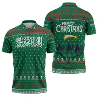 Saudi Arabia Christmas Zipper Polo Shirt with Green Pattern, Traditional Script Motif, and Camel Caravan Silhouette - Wonder Print Shop