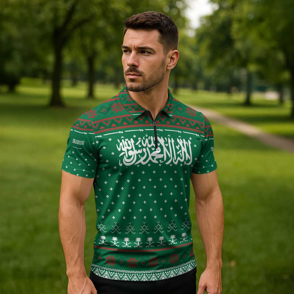 Saudi Arabia Christmas Zipper Polo Shirt with Green Pattern, Traditional Script Motif, and Camel Caravan Silhouette - Wonder Print Shop