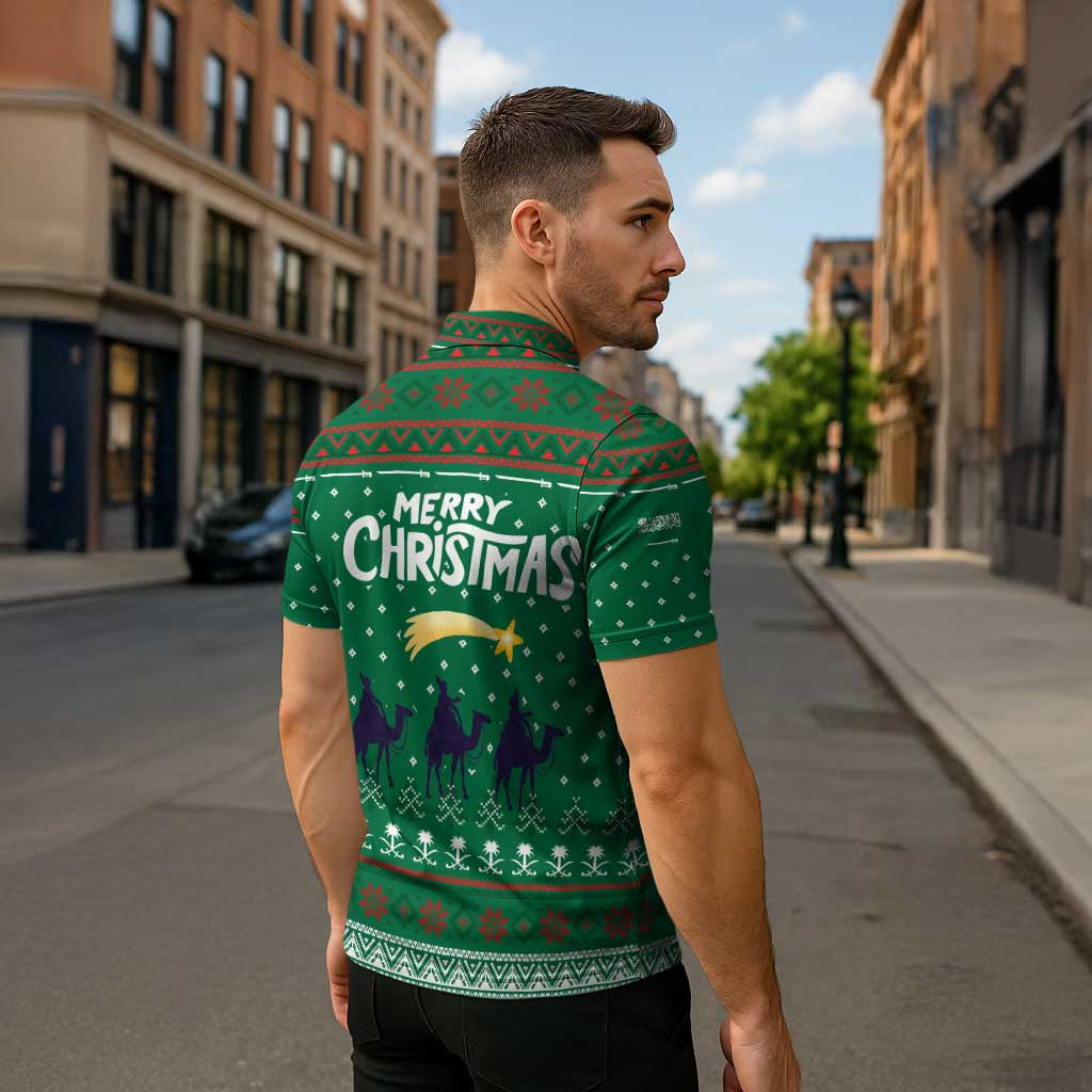 Saudi Arabia Christmas Zipper Polo Shirt with Green Pattern, Traditional Script Motif, and Camel Caravan Silhouette - Wonder Print Shop