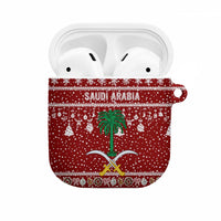 Saudi Arabia Christmas AirPods Case with Red Festive Pattern, National Emblem with Palm and Swords, and Map Motif - Wonder Print Shop