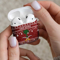 Saudi Arabia Christmas AirPods Case with Red Festive Pattern, National Emblem with Palm and Swords, and Map Motif - Wonder Print Shop