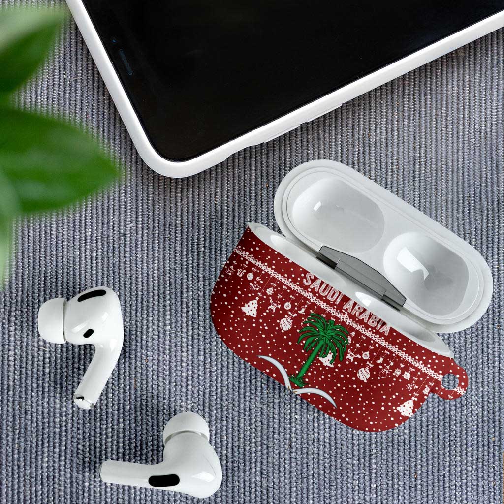 Saudi Arabia Christmas AirPods Case with Red Festive Pattern, National Emblem with Palm and Swords, and Map Motif - Wonder Print Shop