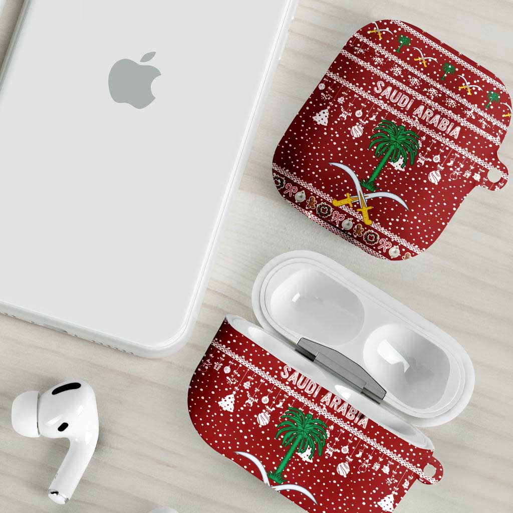 Saudi Arabia Christmas AirPods Case with Red Festive Pattern, National Emblem with Palm and Swords, and Map Motif - Wonder Print Shop