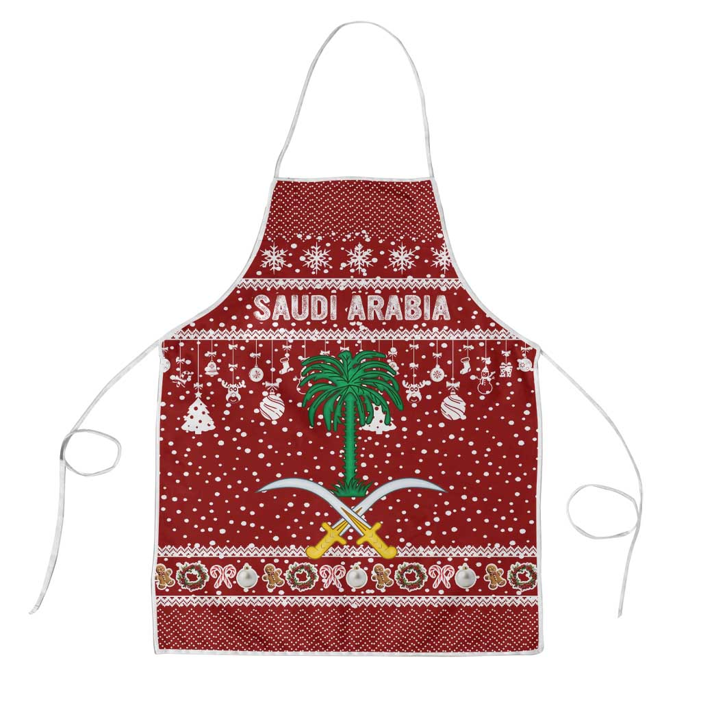 Saudi Arabia Christmas Apron with Red Festive Pattern, National Emblem with Palm and Swords, and Map Motif - Wonder Print Shop