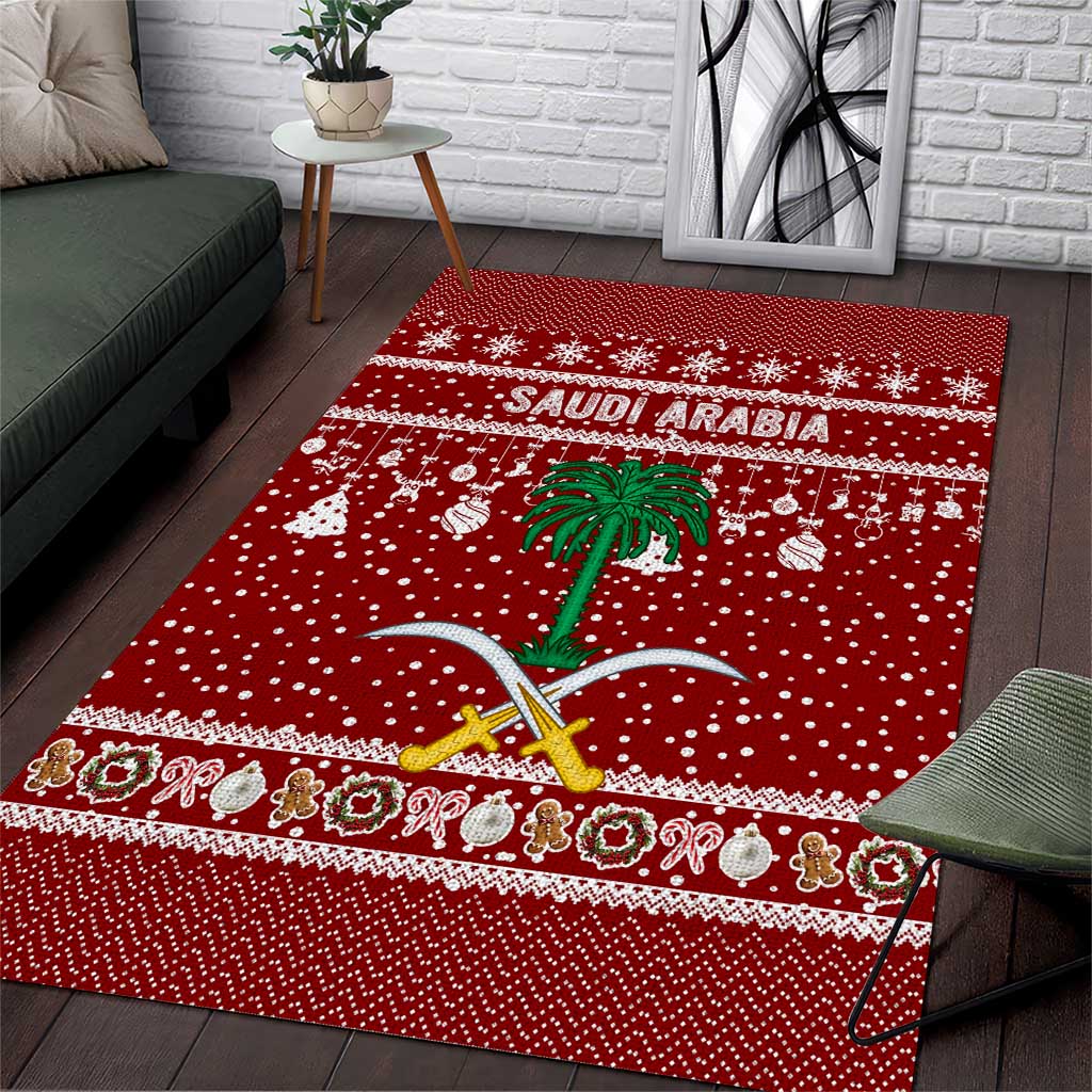 Saudi Arabia Christmas Area Rug with Red Festive Pattern, National Emblem with Palm and Swords, and Map Motif - Wonder Print Shop